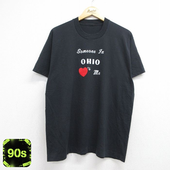 90s 半袖Tシャツ オハイオフロッキープリント ブラック メンズL相当 | 古着