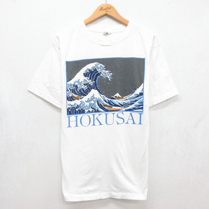 L★古着 半袖 ビンテージ Tシャツ メンズ 80年代 80s 葛飾北斎 冨嶽三十六景 コットン クルーネック USA製 ホワイト【spe】 26aug10