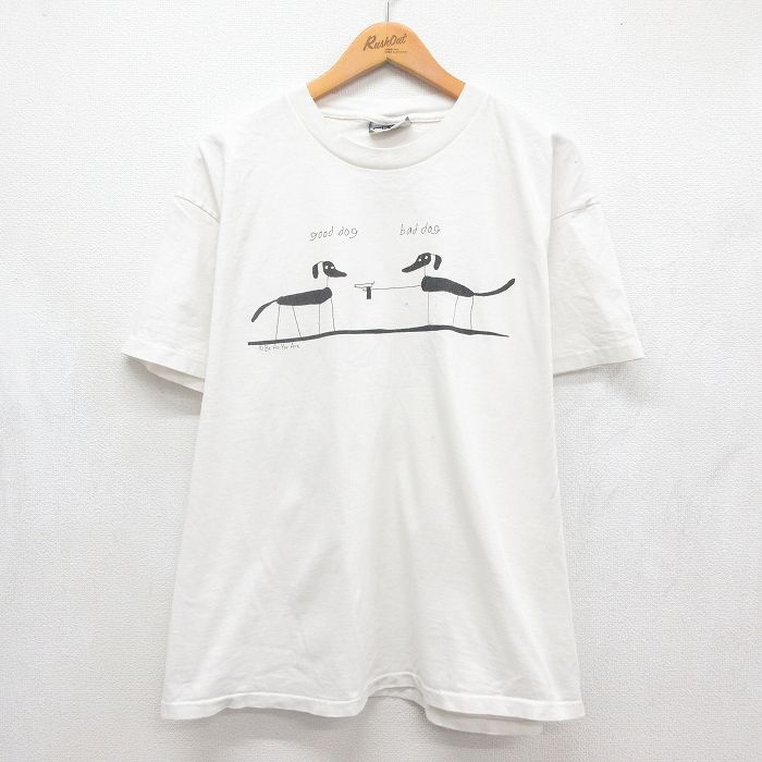 XL★古着 リー Lee 半袖 ビンテージ Tシャツ メンズ 90年代 90s good dog bad dog 犬 大きいサイズ コットン クルーネック USA製 ホワイト【spe】 26aug10
