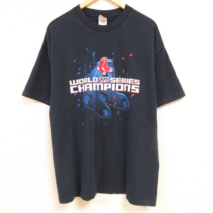 XL★古着 半袖 ビンテージ Tシャツ メンズ 00年代 00s MLB ボストンレッドソックス 大きいサイズ コットン クルーネック 濃紺 ネイビー メジャーリーグ ベースボール 野球 24may30 中古