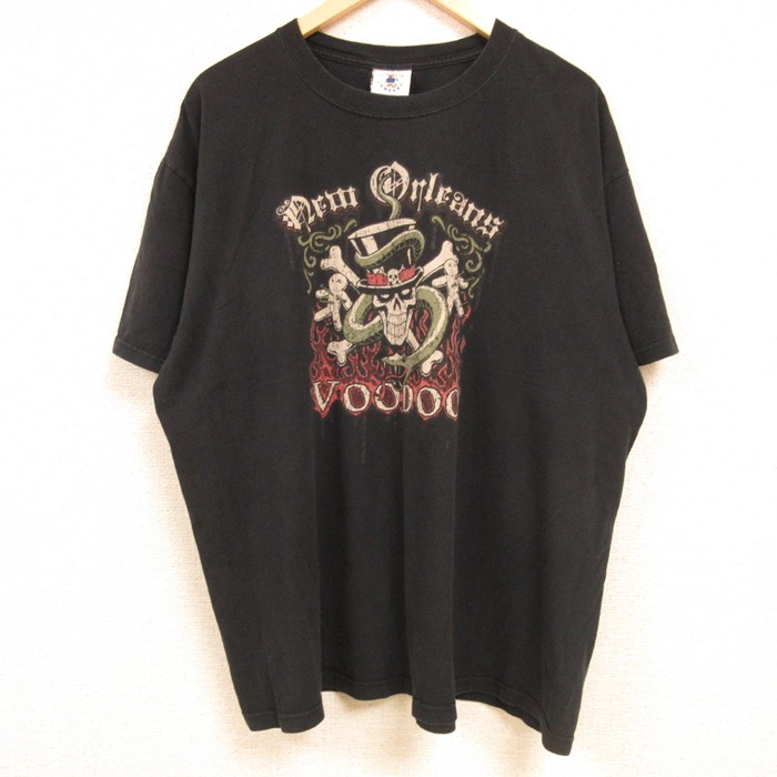 XL★古着 半袖 ビンテージ Tシャツ メンズ 00年代 00s VOODOO スカル ヘビ 大きいサイズ コットン クルーネック 黒 ブラック 24may30 中古