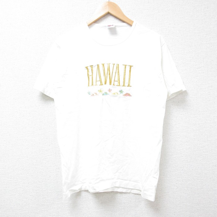 M★古着 半袖 ビンテージ Tシャツ メンズ 90年代 90s ハワイ 刺繍 コットン クルーネック USA製 白 ホワイト 24jul25 中古