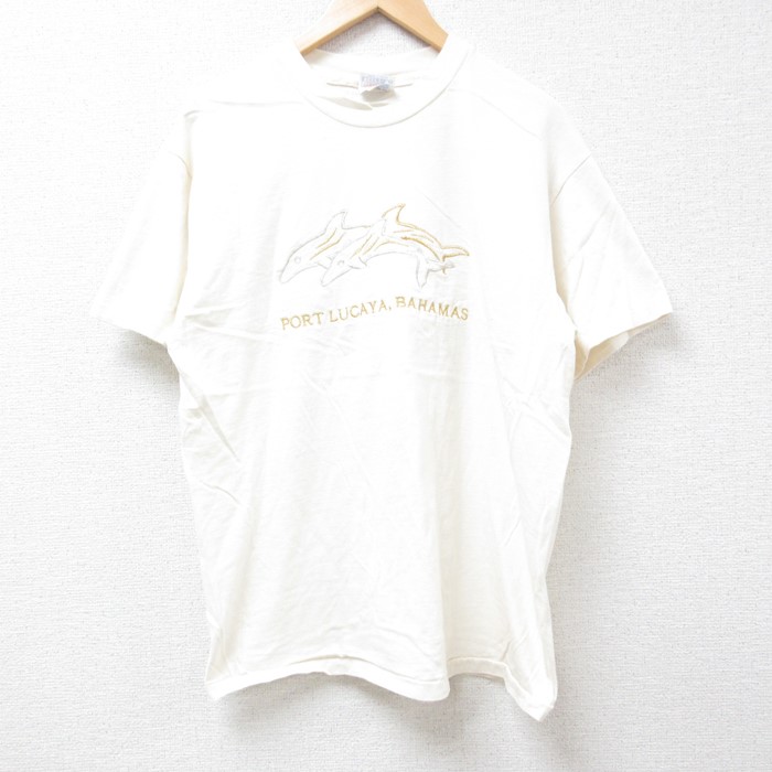 【50%OFF】M★古着 ヘインズ Hanes 半袖 ビンテージ Tシャツ メンズ 90年代 90s イルカ 刺繍 コットン クルーネック USA製 生成り 24jul25 中古
