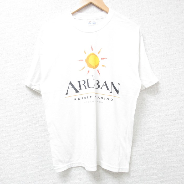 【50%OFF】M★古着 ヘインズ Hanes 半袖 ビンテージ Tシャツ メンズ 00年代 00s ARUBAN 太陽 クルーネック 白 ホワイト 24jul29 中古