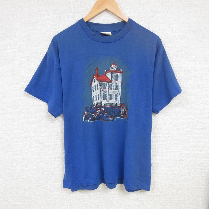 XL★古着 半袖 ビンテージ Tシャツ メンズ 90年代 90s 家 クルーネック USA製 薄紺 ネイビー 24jul31 中古