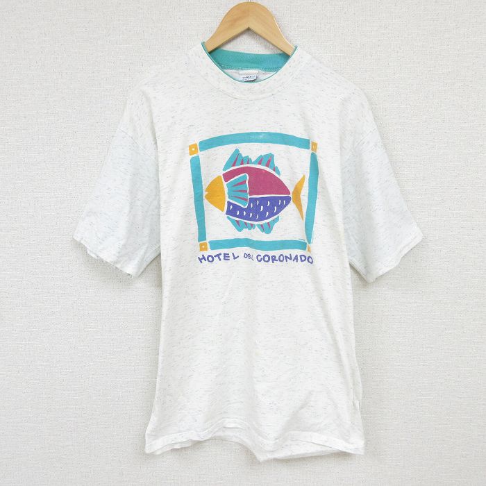 L★古着 半袖 ビンテージ Tシャツ メンズ 90年代 90s サカナ コットン クルーネック 白 ホワイト 霜降り 24aug08 中古