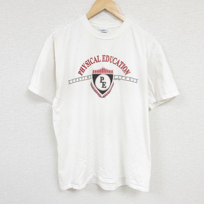 L★古着 半袖 ビンテージ Tシャツ メンズ 90年代 90s フィットネス コットン クルーネック USA製 白 ホワイト 24aug08 中古