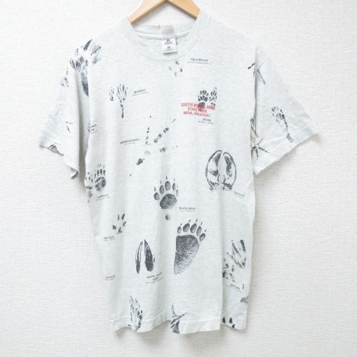 【50%OFF】L★古着 フルーツオブザルーム 半袖 ビンテージ Tシャツ メンズ 00年代 00s 足跡 クルーネック 薄グレー 霜降り 【spe】 24aug08 中古