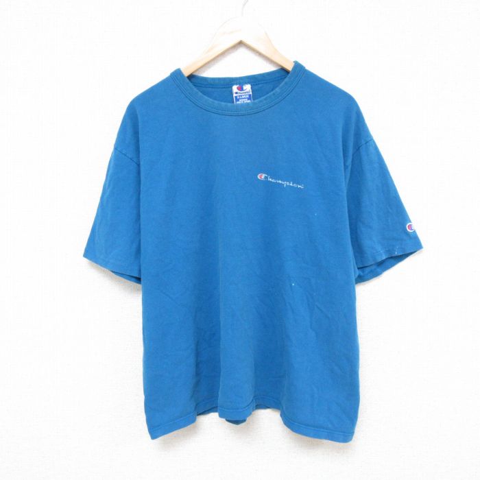 XL★古着 チャンピオン 半袖 ビンテージ Tシャツ メンズ 90年代 90s ワンポイントロゴ 大きいサイズ コットン クルーネック USA製 青 ブルー 【spe】 25apr19 中古