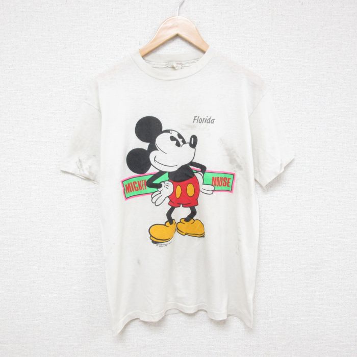 L★古着 半袖 ビンテージ Tシャツ メンズ 80年代 80s ディズニー DISNEY ミッキー MICKEY MOUSE クルーネック USA製 白 ホワイト 【spe】 25apr19 中古