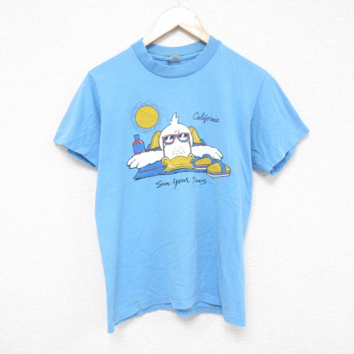 【50%OFF】M★古着 半袖 ビンテージ Tシャツ メンズ 80年代 80s アヒル 両面プリント コットン クルーネック USA製 水色 25apr19 中古