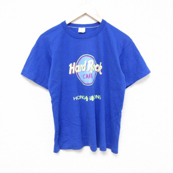 M★古着 半袖 ビンテージ Tシャツ メンズ 80年代 80s ハードロックカフェ 香港 コットン クルーネック 青 ブルー 25apr19 中古