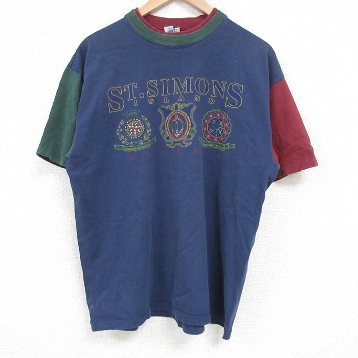 【50%OFF】L★古着 半袖 ビンテージ Tシャツ メンズ 90年代 90s ST.SIMONS マルチカラー コットン クルーネック USA製 紺他 ネイビー 25apr23 中古