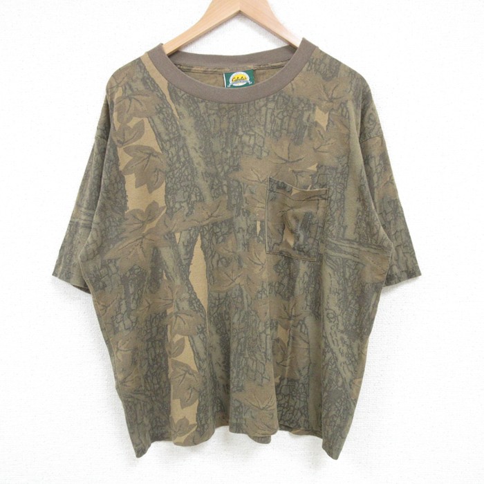 【50%OFF】XL★古着 カベラス 半袖 ビンテージ Tシャツ メンズ 90年代 90s TREBARK 胸ポケット付き 大きいサイズ クルーネック USA製 茶他 ブラウン 迷彩 【spe】 25apr23 中古