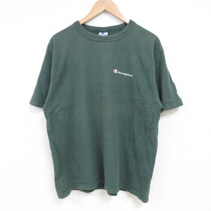 【50%OFF】L★古着 チャンピオン 半袖 ビンテージ Tシャツ メンズ 90年代 90s ワンポイントロゴ コットン クルーネック USA製 緑 グリーン 25apr23 中古