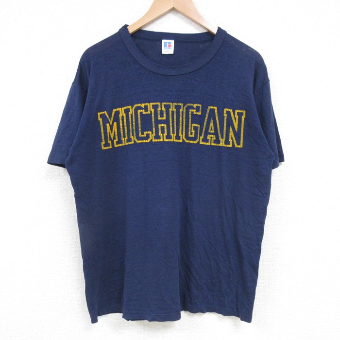 L★古着 ラッセル 半袖 ビンテージ Tシャツ メンズ 80年代 80s ミシガン クルーネック USA製 紺 ネイビー 25apr23 中古