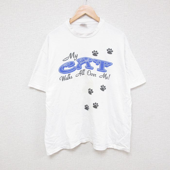 XL★古着 ヘインズ Hanes 半袖 ビンテージ Tシャツ メンズ 90年代 90s CAT 足跡 コットン クルーネック 白 ホワイト 25apr30 中古
