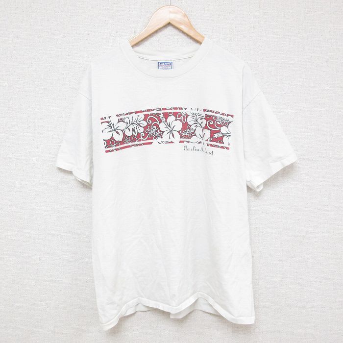 【20%OFF】XL★古着 All Sport 半袖 ビンテージ Tシャツ メンズ 90年代 90s ハイビスカス コットン クルーネック 白 ホワイト 25apr30 中古
