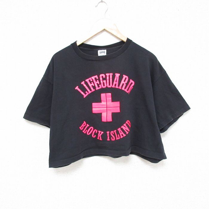 XL★古着 半袖 ビンテージ Tシャツ メンズ 90年代 90s ライフガード ショート丈 大きいサイズ コットン クルーネック 黒 ブラック 25apr30 中古