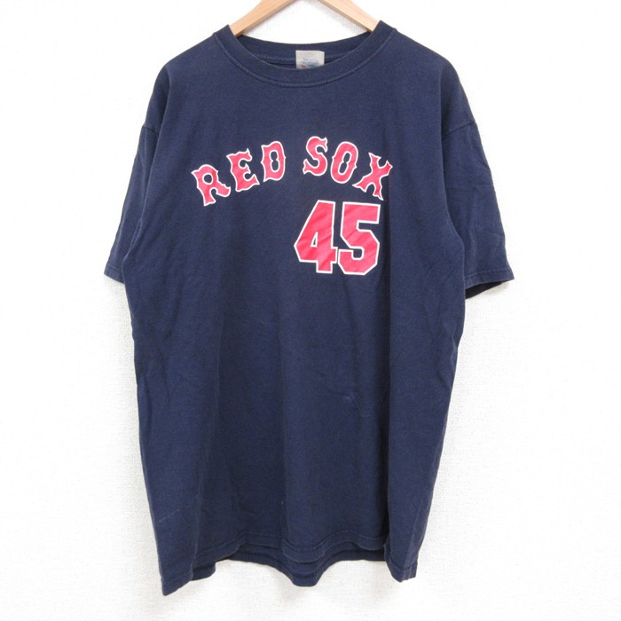 XL★古着 マジェスティック 半袖 ビンテージ Tシャツ メンズ 00年代 00s MLB ボストンレッドソックス ペドロマルティネス 45 クルーネック 紺 ネイビー メジャーリーグ ベースボール 野球 25may24 中古