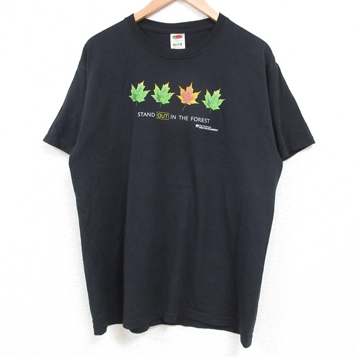 【20%OFF】L★古着 フルーツオブザルーム 半袖 ビンテージ Tシャツ メンズ 00年代 00s 葉 クルーネック 黒 ブラック 25may24 中古