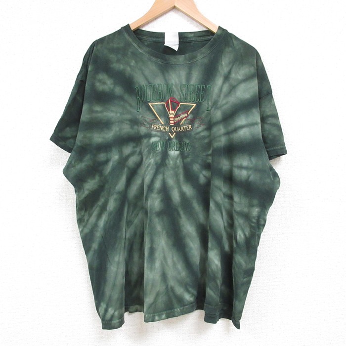 【50%OFF】XL★古着 半袖 ビンテージ Tシャツ メンズ 00年代 00s バーボンストリート 刺繍 大きいサイズ コットン クルーネック 緑 グリーン タイダイ 25may24 中古