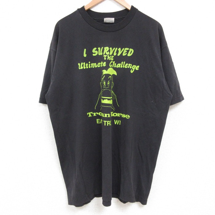 XL★古着 ヘインズ Hanes 半袖 ビンテージ Tシャツ メンズ 80年代 80s ハンバーガー 男性 大きいサイズ クルーネック USA製 黒 ブラック 【spe】 25may24 中古