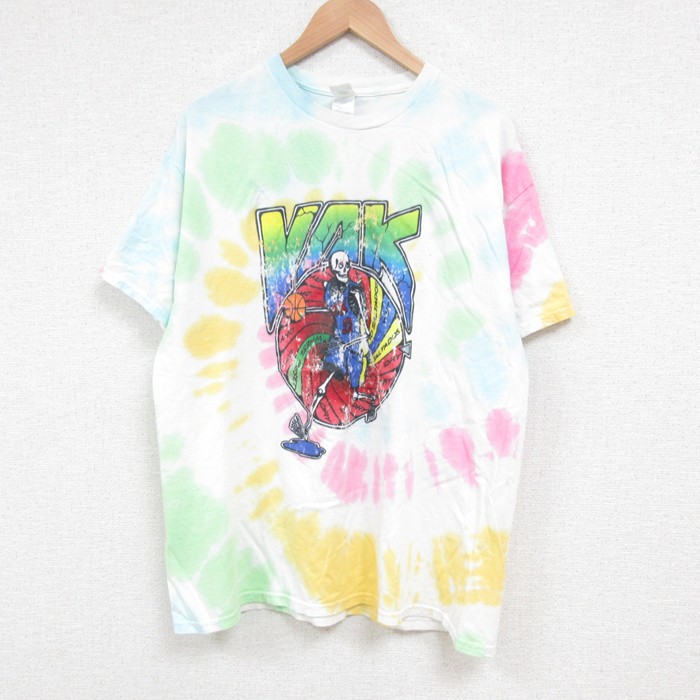 【20%OFF】L★古着 半袖 ビンテージ Tシャツ メンズ 00年代 00s YAK スケルトン バスケットボール コットン クルーネック 白他 ホワイト タイダイ 25may24 中古