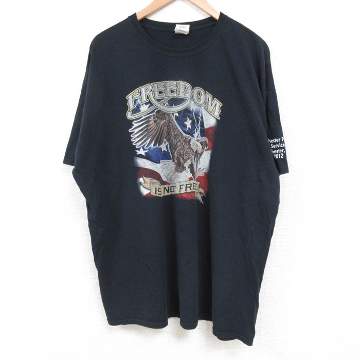 XL★古着 半袖 Tシャツ メンズ 鳥 星条旗 大きいサイズ コットン クルーネック 黒 ブラック 25may24 中古