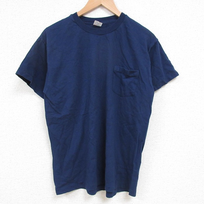 M★古着 ヘインズ Hanes 半袖 ビンテージ Tシャツ メンズ 80年代 80s 無地 胸ポケット付き コットン クルーネック 紺 ネイビー 25may26 中古