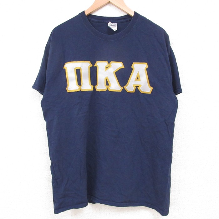 L★古着 半袖 ビンテージ Tシャツ メンズ 00年代 00s ギリシャ文字 コットン クルーネック 紺 ネイビー 25may26 中古