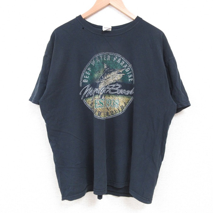 XL★古着 半袖 ビンテージ Tシャツ メンズ 00年代 00s 魚 マートルビーチ コットン クルーネック 黒 ブラック 25may26 中古