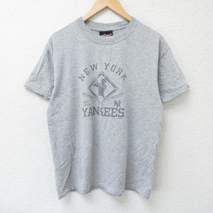 L★古着 半袖 ビンテージ Tシャツ メンズ 00年代 00s MLB ニューヨークヤンキース コットン クルーネック グレー 霜降り 25jun07 中古