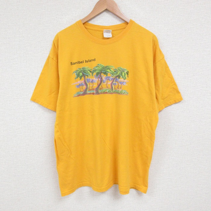 XL★古着 半袖 ビンテージ Tシャツ メンズ 00年代 00s ヤシの木 コットン クルーネック 黄 イエロー 25jun07 中古