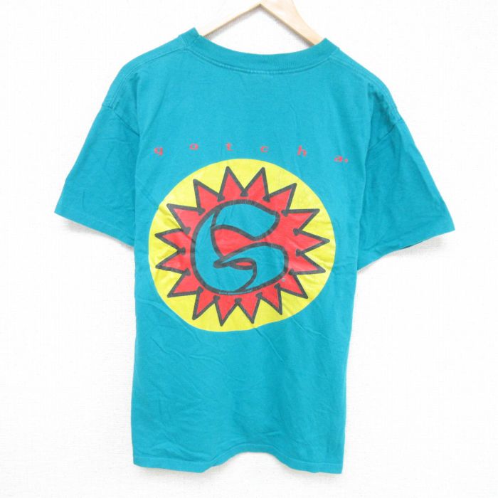 L★古着 ガッチャ 半袖 ビンテージ Tシャツ メンズ 90年代 90s コットン クルーネック USA製 青緑 25may27 中古