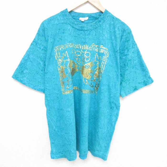 XL★古着 半袖 ビンテージ Tシャツ メンズ 90年代 90s 魚 コットン クルーネック USA製 青緑 25may27 中古
