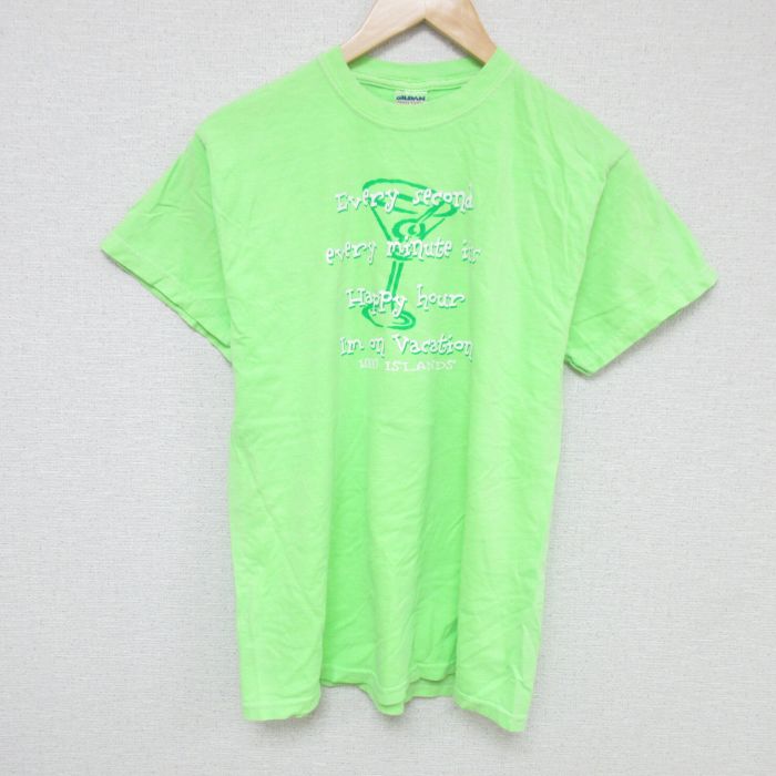 M★古着 半袖 ビンテージ Tシャツ メンズ 00年代 00s カクテル コットン クルーネック 黄緑 25may27 中古