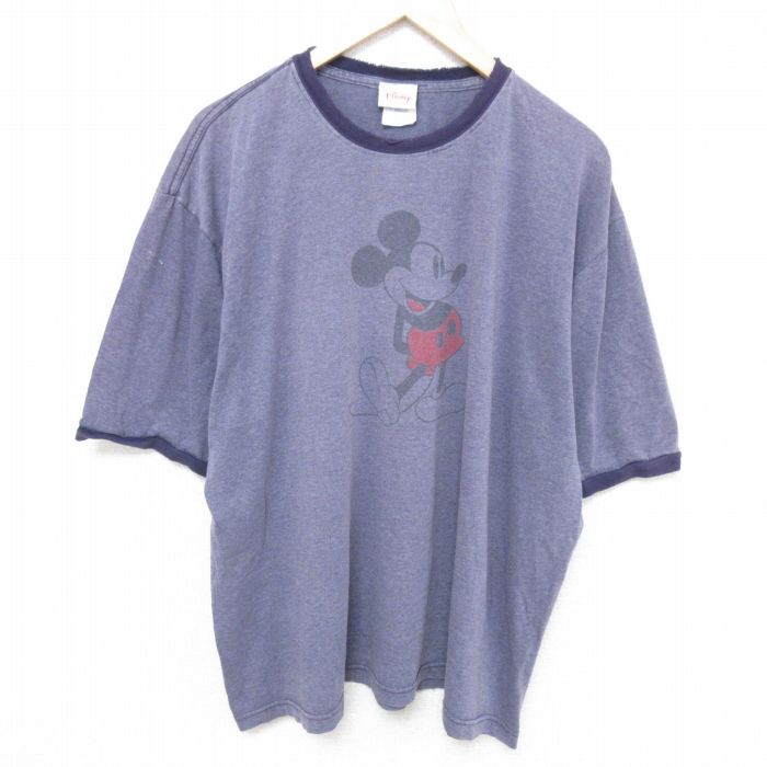 XL★古着 半袖 ビンテージ Tシャツ メンズ 00年代 00s ディズニー DISNEY ミッキー MICKEY MOUSE 大きいサイズ クルーネック 薄紫 パープル 霜降り リンガー 25jun10 中古