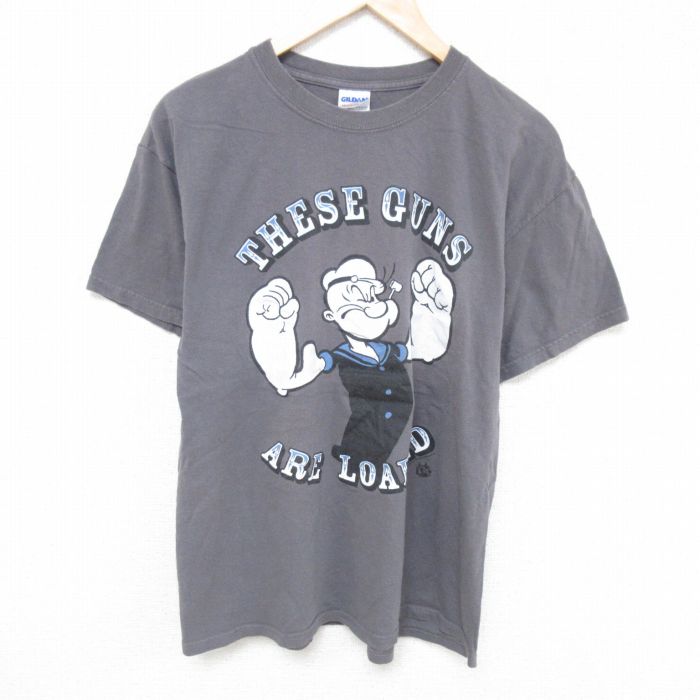 L★古着 半袖 ビンテージ Tシャツ メンズ 00年代 00s ポパイ コットン クルーネック 濃グレー 25jun10 中古