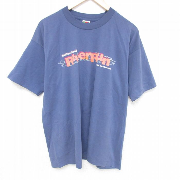 XL★古着 フルーツオブザルーム 半袖 ビンテージ Tシャツ メンズ 90年代 90s リバーラン クルーネック USA製 薄紺 ネイビー 25jun10 中古