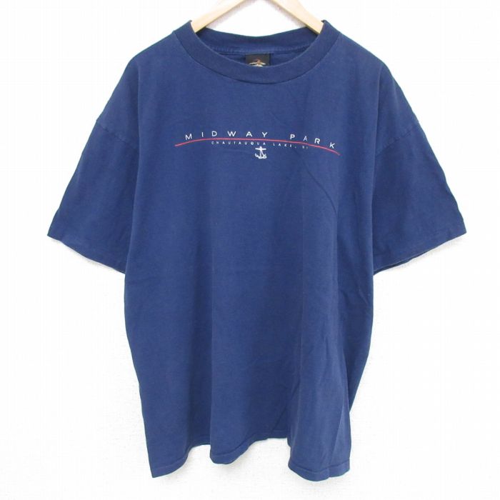 XL★古着 半袖 ビンテージ Tシャツ メンズ 90年代 90s MIDWAY 大きいサイズ コットン クルーネック USA製 紺 ネイビー 25jun10 中古