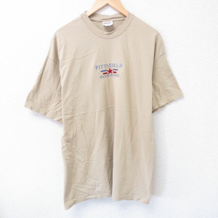XL★古着 ヘインズ Hanes 半袖 ビンテージ Tシャツ メンズ 00年代 00s マサチューセッツ 刺繍 コットン クルーネック ベージュ カーキ 25jun10 中古