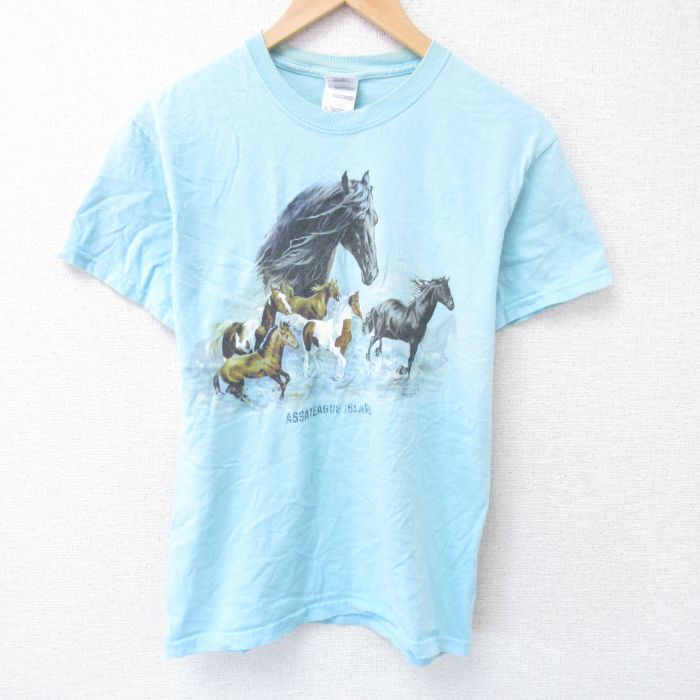 M★古着 半袖 ビンテージ Tシャツ メンズ 00年代 00s 馬 コットン クルーネック 水色 25jun10 中古