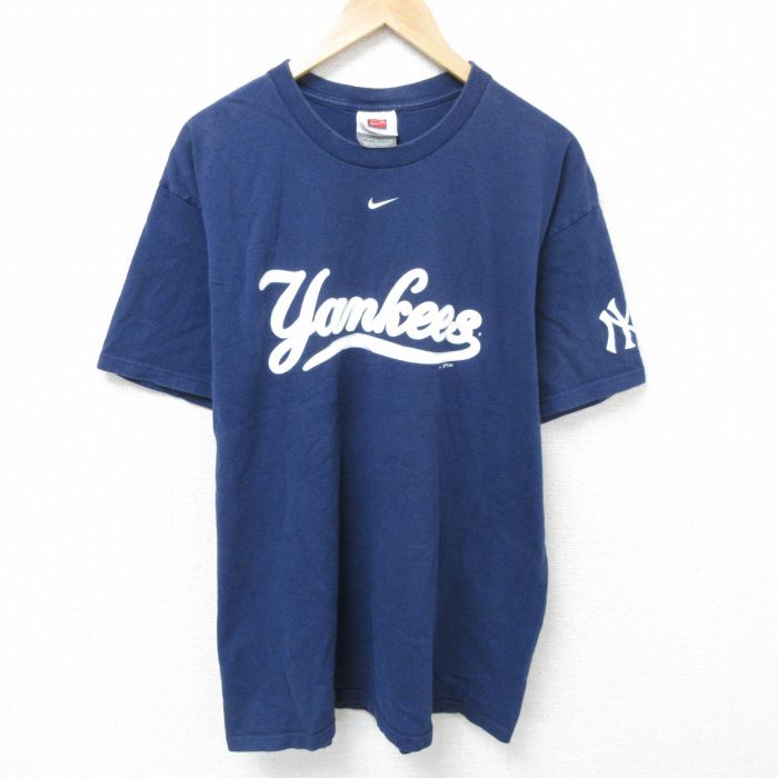 XL★古着 ナイキ NIKE 半袖 ビンテージ ブランド Tシャツ メンズ 00年代 00s MLB ニューヨークヤンキース コットン クルーネック 紺 ネイビー メジャーリーグ ベースボール 野球 25jun10 中古