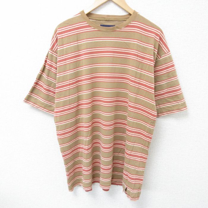 XL★古着 半袖 ビンテージ Tシャツ メンズ 00年代 00s 大きいサイズ コットン クルーネック 茶 ブラウン ボーダー 25jun10 中古
