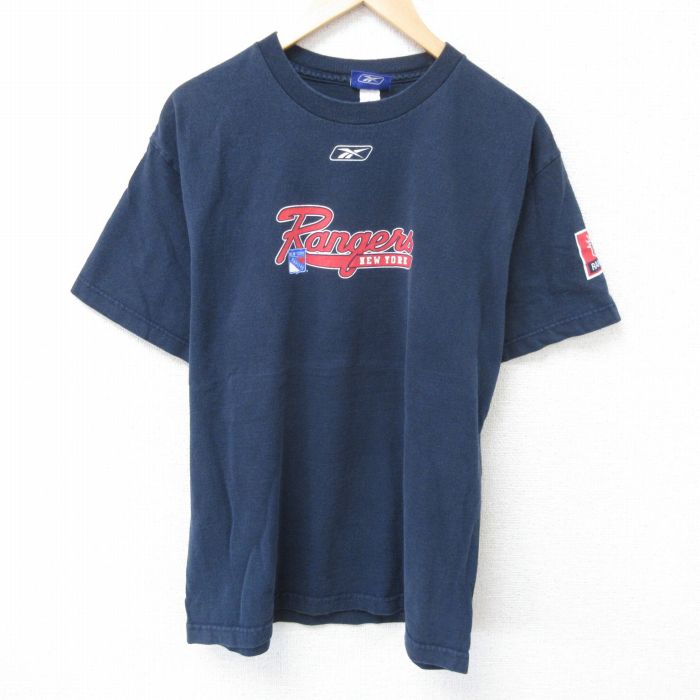 L★古着 リーボック REEBOK 半袖 ビンテージ Tシャツ メンズ 00年代 00s NHL ニューヨークレンジャース クルーネック 紺 ネイビー アイスホッケー 25jun10 中古