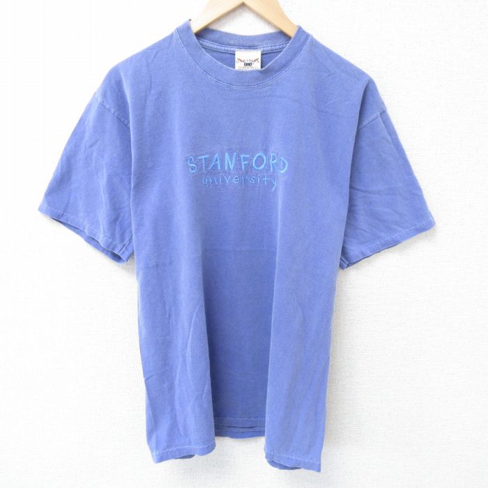 L★古着 半袖 ビンテージ Tシャツ メンズ 90年代 90s スタンフォード 刺繍 コットン クルーネック USA製 薄紺 ネイビー 25jun10 中古