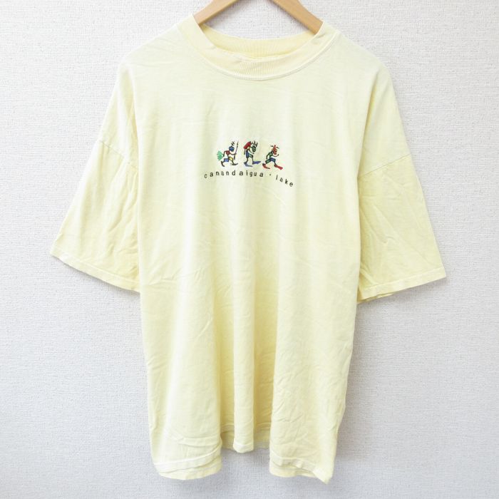 XL★古着 半袖 ビンテージ Tシャツ メンズ 00年代 00s lake 刺繍 大きいサイズ コットン クルーネック 薄黄 イエロー 25jun10 中古