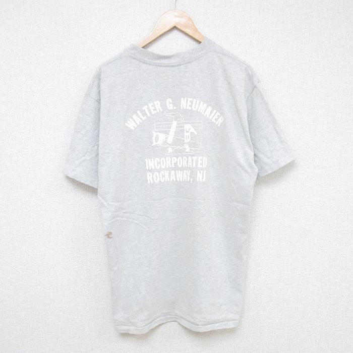 XL★古着 半袖 ビンテージ Tシャツ メンズ 80年代 80s ハンマー 胸ポケット付き クルーネック グレー 霜降り 25jun10 中古