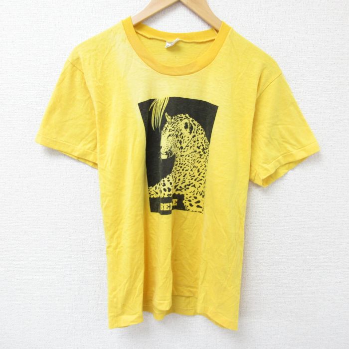 M★古着 半袖 ビンテージ Tシャツ メンズ 80年代 80s ヒョウ クルーネック 黄 イエロー 25jun11 中古